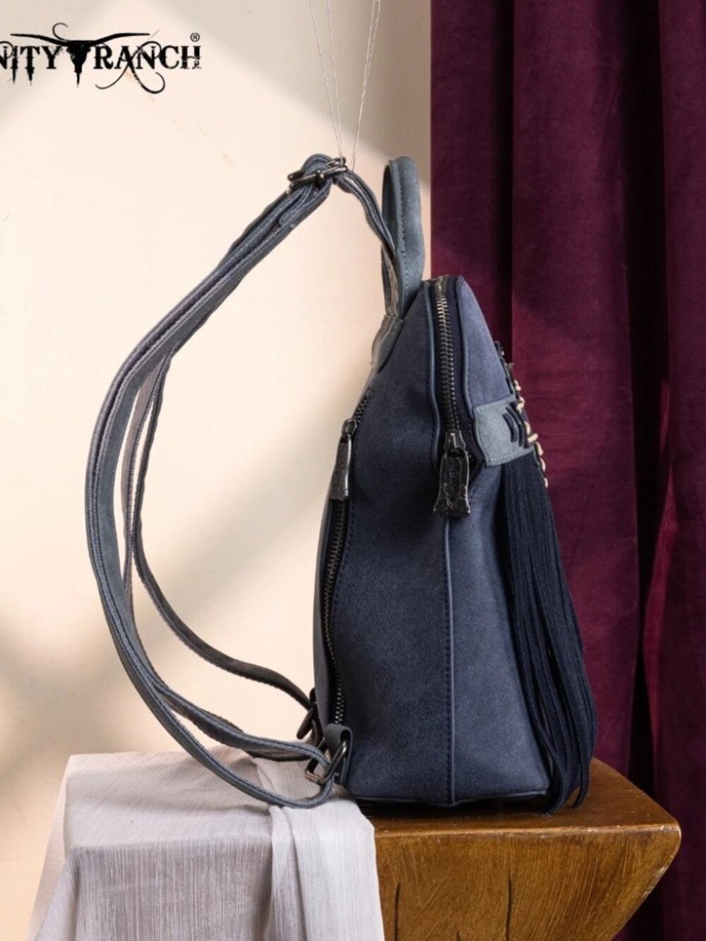 Trinity Ranch Aztec Tooled Fringe Concealed Carry Backpack Navy - Picture 2 of 5